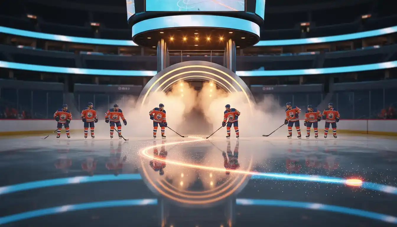 Entrada luminosa a una pista de hockey con jugadores emergiendo hacia el hielo